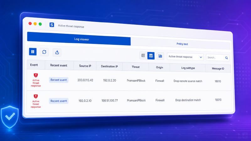 Sophos Active Threat Response logs showing a PramaanIPBlock drop remote source match and a drop destination match
