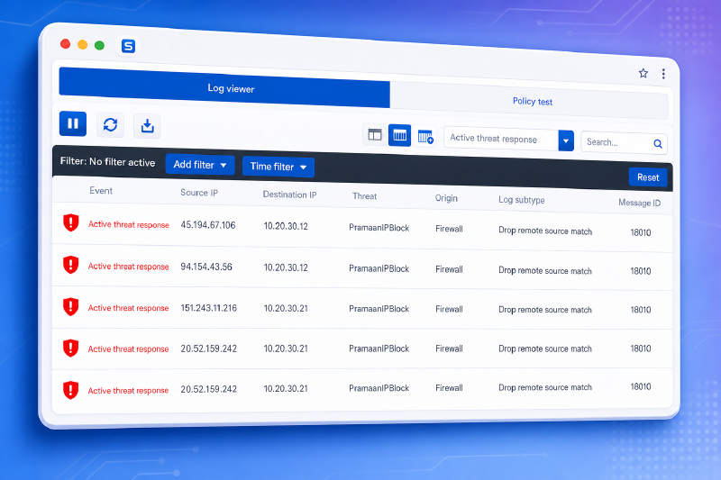 Sophos log viewer showing repeated PramaanIPBlock drop remote source match events against DNAT-published destinations