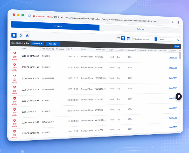 Sophos Active Threat Response log viewer showing PramaanIPBlock entries with dropped source IPs