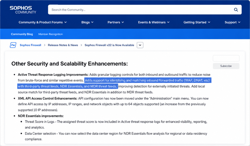 Sophos Firewall v22 release note highlighting support for identifying and matching inbound forwarded traffic such as WAF and DNAT with third-party threat feeds